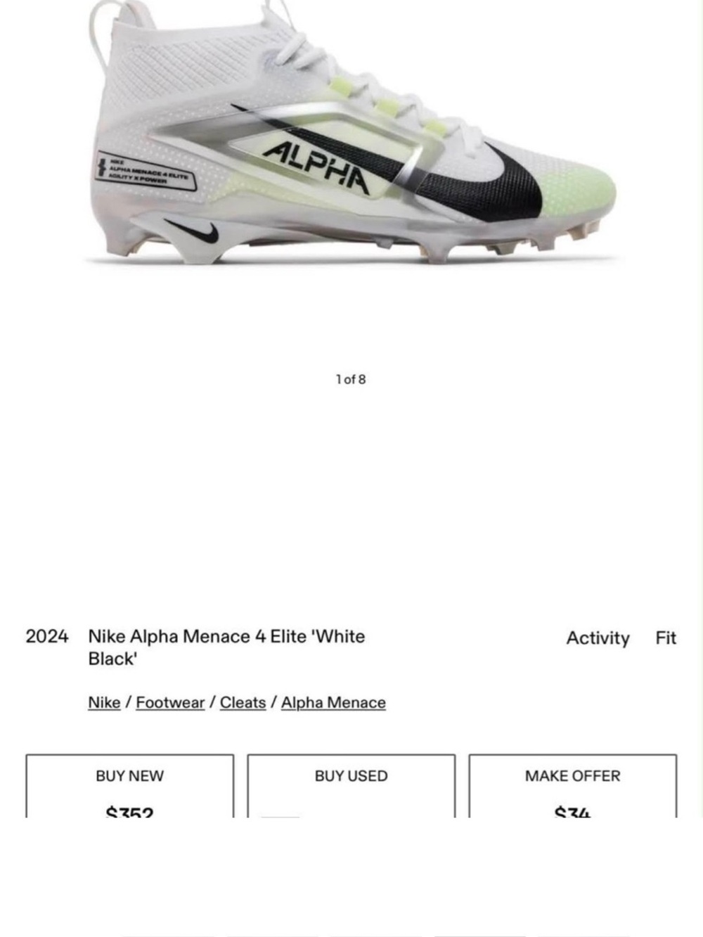NWOTNIKE ALPHA MENACE 4 ELITE FOOTBALL CLEATS WHITE GREEN MEN'S